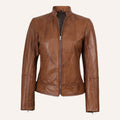 Women’s Classic Cognac Brown Real Leather Racer Biker Jacket
