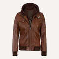 Women’s Classic Cognac Brown Real Leather 2-in-1 Hooded Bomber Jacket with Removable Hood