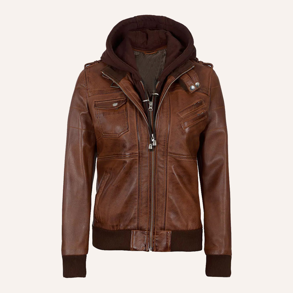 Women’s Classic Cognac Brown Real Leather 2-in-1 Hooded Bomber Jacket with Removable Hood