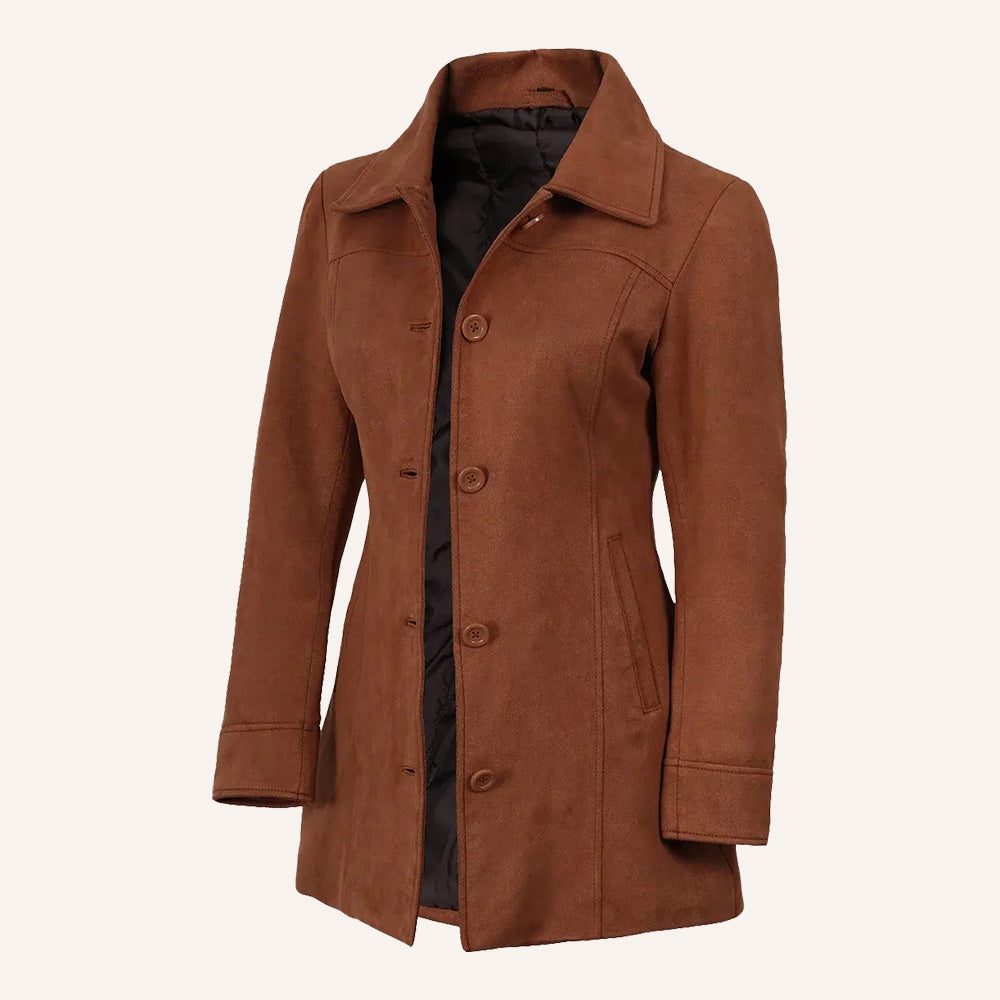 Women’s Classic Cognac Brown Suede Leather Mid-Length Trench Coat
