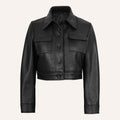Women’s Classic Black Cropped Real Leather Trucker Jacket