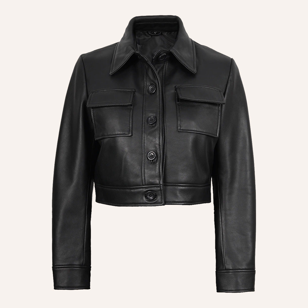 Women’s Classic Black Cropped Real Leather Trucker Jacket