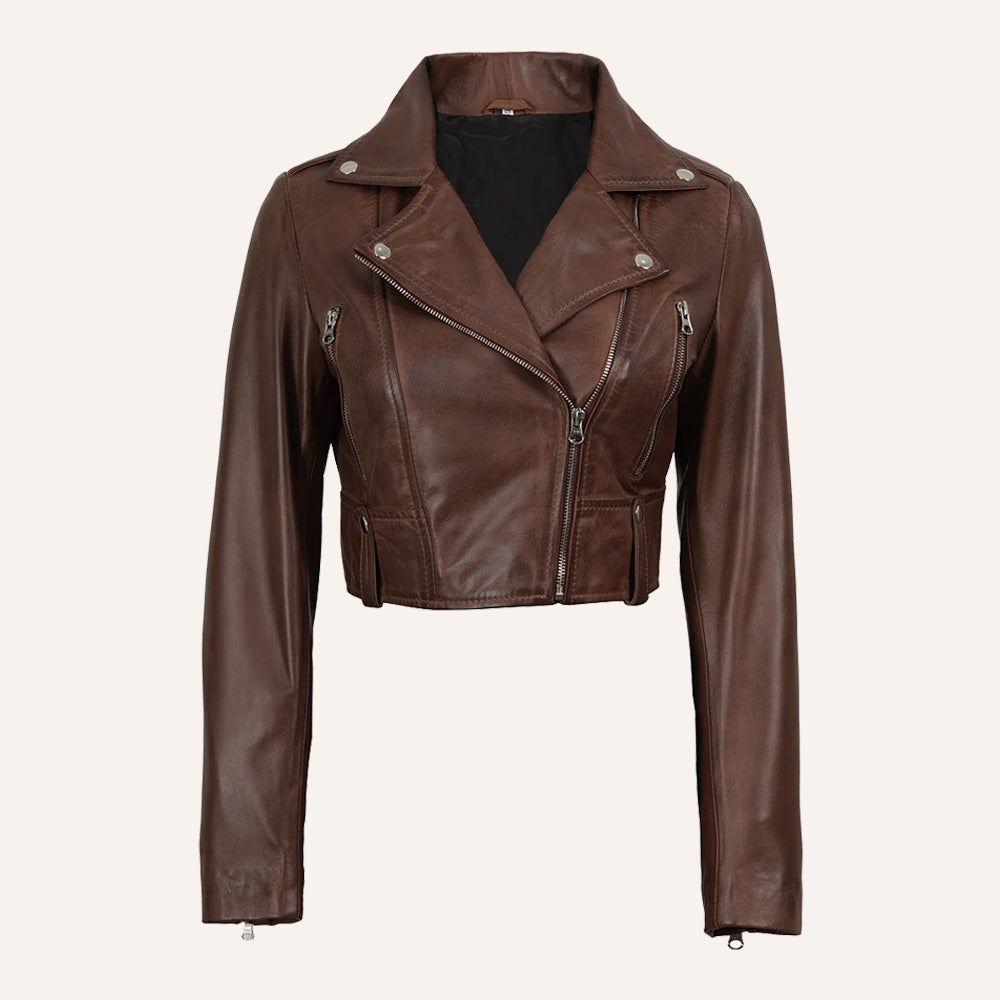 Women’s Classic Dark Brown Cropped Real Leather Biker Jacket