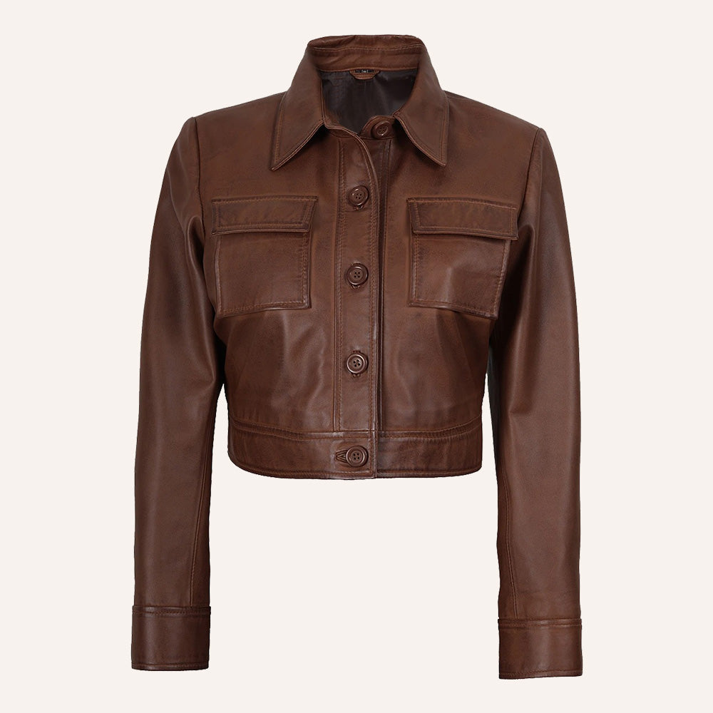 Women’s Classic Cognac Brown Cropped Real Leather Trucker Jacket