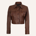 Women’s Classic Cognac Brown Cropped Real Leather Trucker Jacket