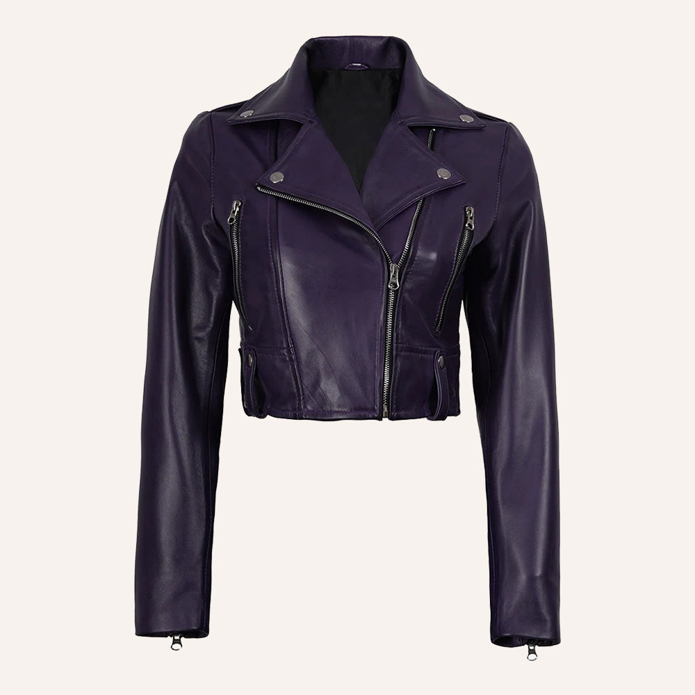 Women’s Classic Deep Purple Cropped Real Leather Biker Jacket