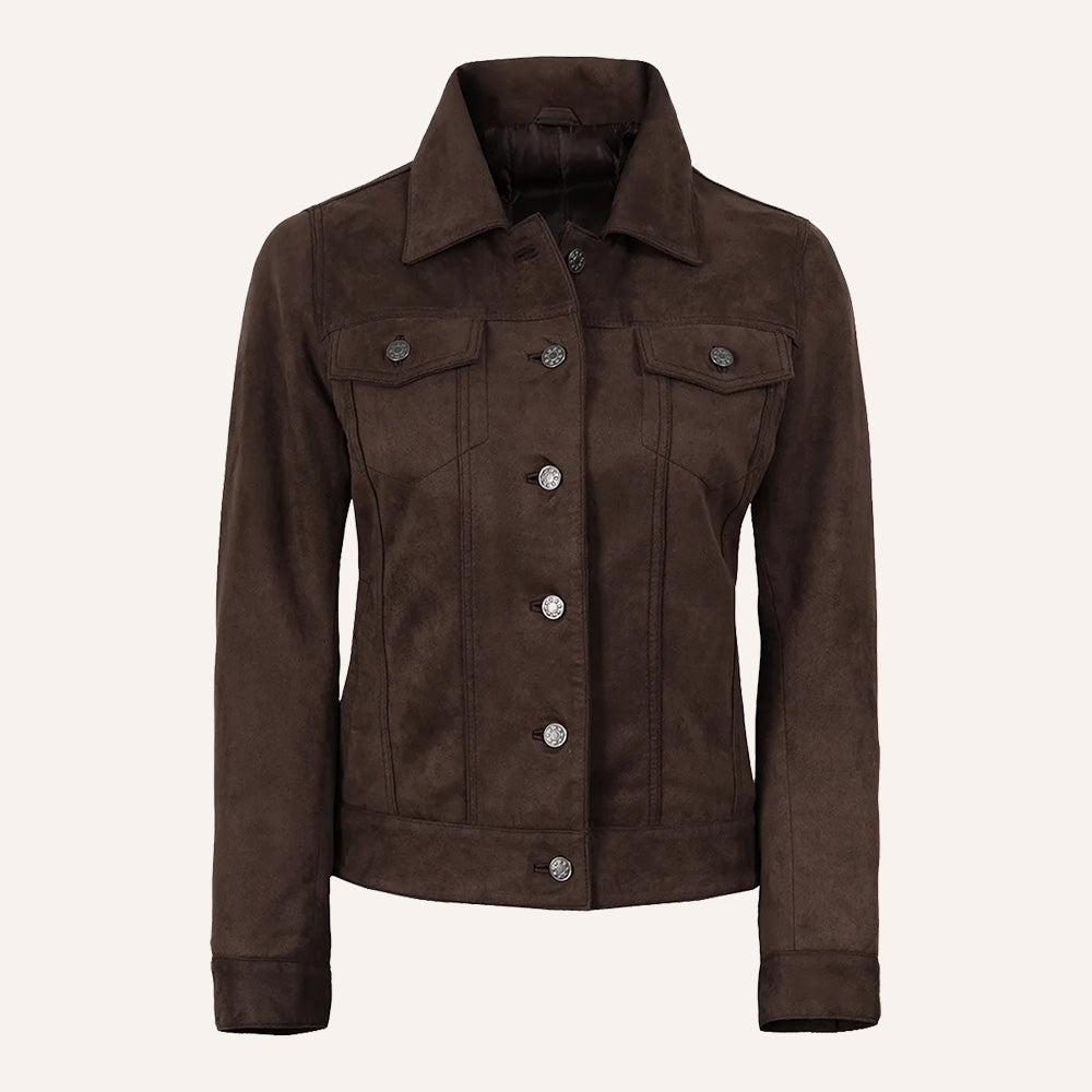 Women’s Vintage Dark Brown Suede Leather Trucker Jacket