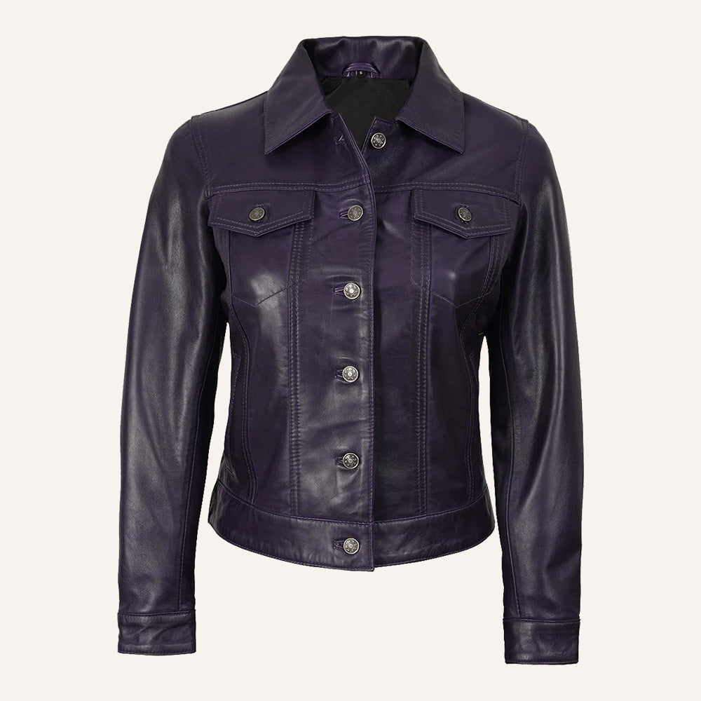 Women’s Classic Deep Purple Real Leather Trucker Jacket