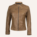 Women’s Classic Distressed Beige Real Leather Cafe Racer Biker Jacket