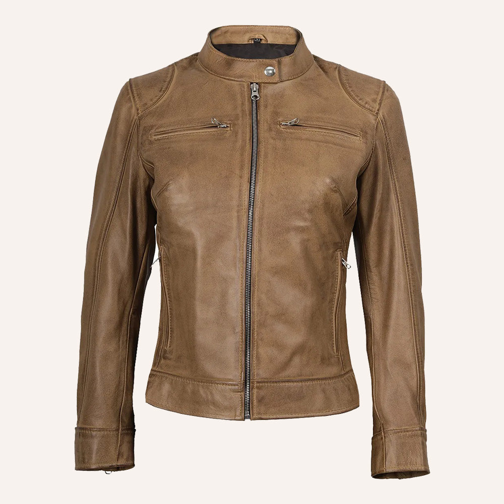 Women’s Classic Distressed Beige Real Leather Cafe Racer Biker Jacket