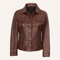 Women’s Classic Vintage Distressed Brown Real Leather Trucker Jacket