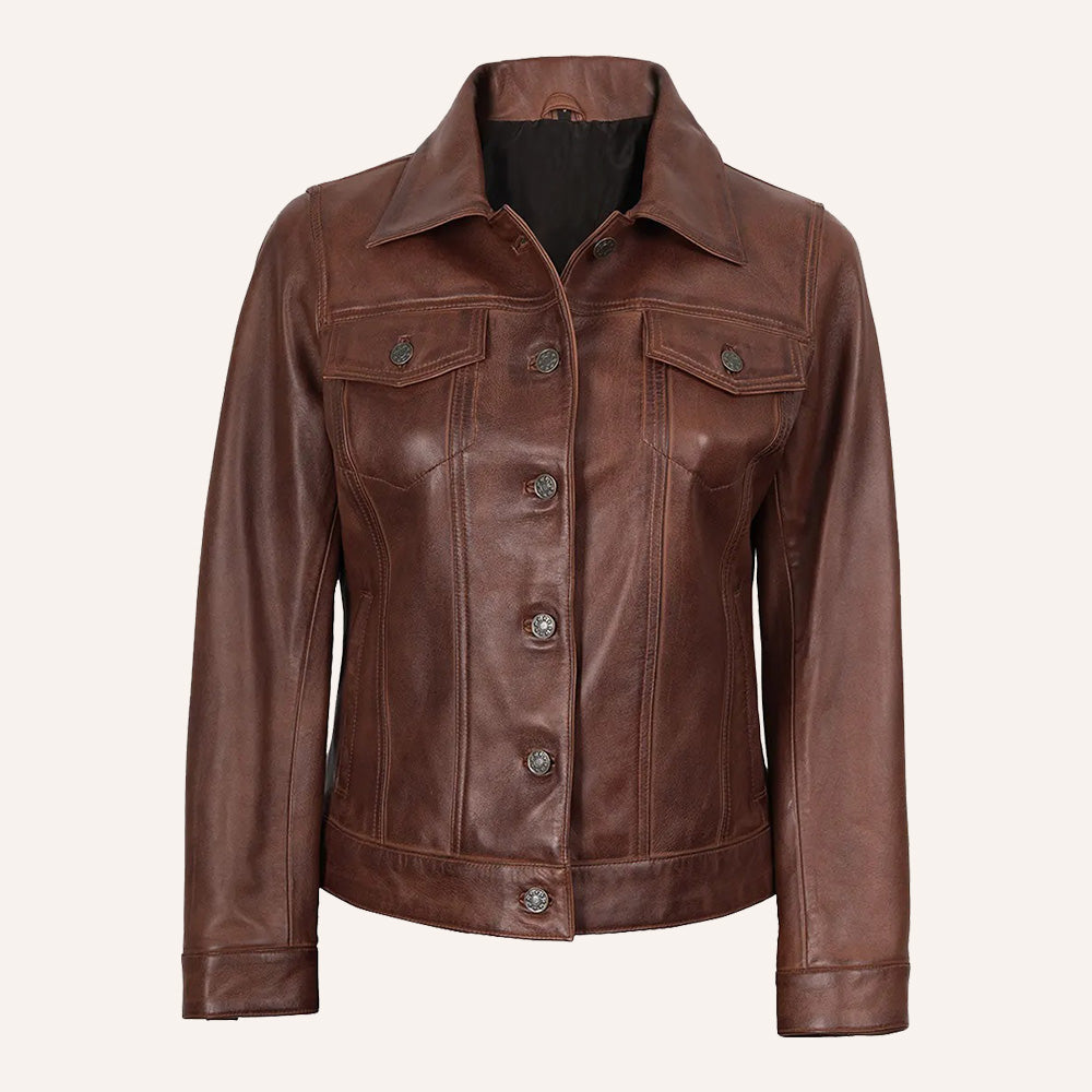 Women’s Classic Vintage Distressed Brown Real Leather Trucker Jacket