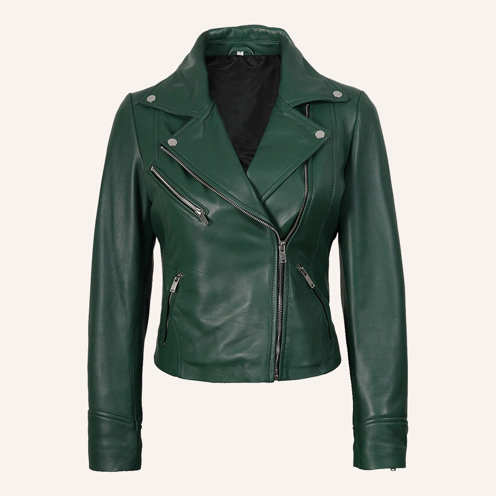 Women’s Classic Emerald Green Real Leather Biker Jacket
