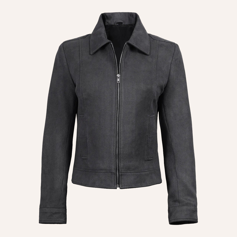 Women’s Classic Grey Suede Leather Zip Jacket