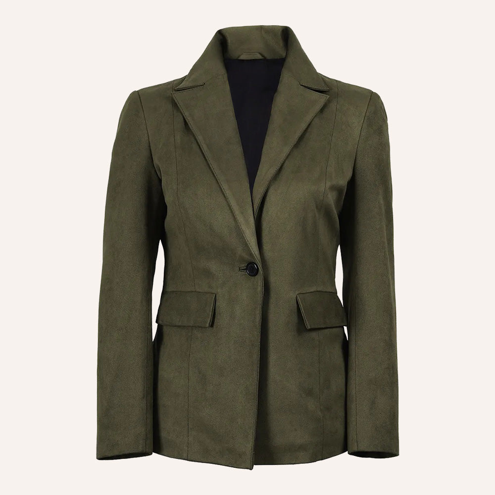 Women’s Classic Olive Green Real Suede Single Button Blazer Jacket