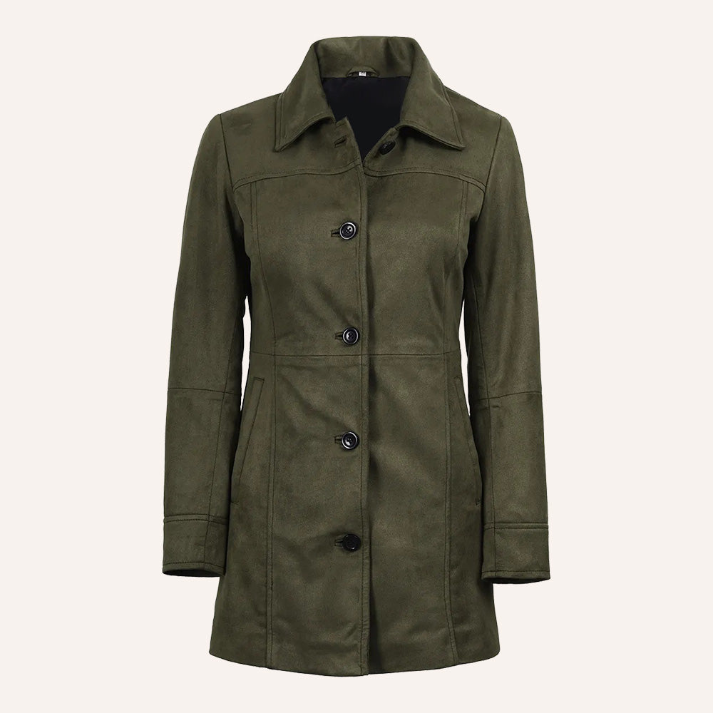 Women’s Classic Olive Green Suede Leather Mid-Length Trench Coat
