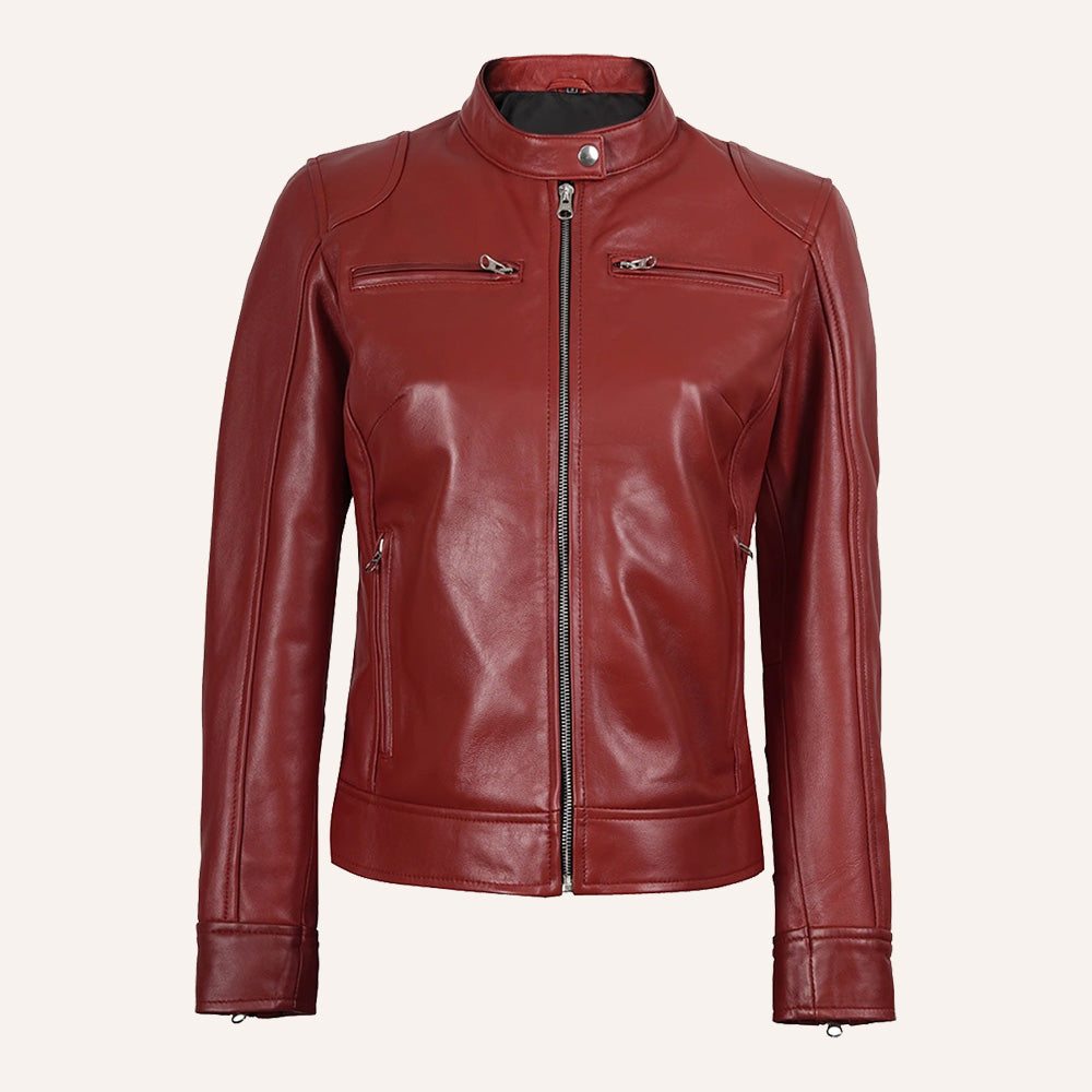 Women’s Classic Red Real Leather Cafe Racer Biker Jacket