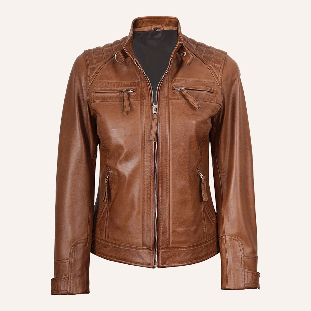 Women’s Classic Tan Brown Quilted Real Leather Cafe Racer Biker Jacket