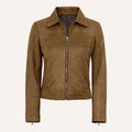 Women’s Classic Tan Brown Suede Zip Jacket with Zipper Cuffs