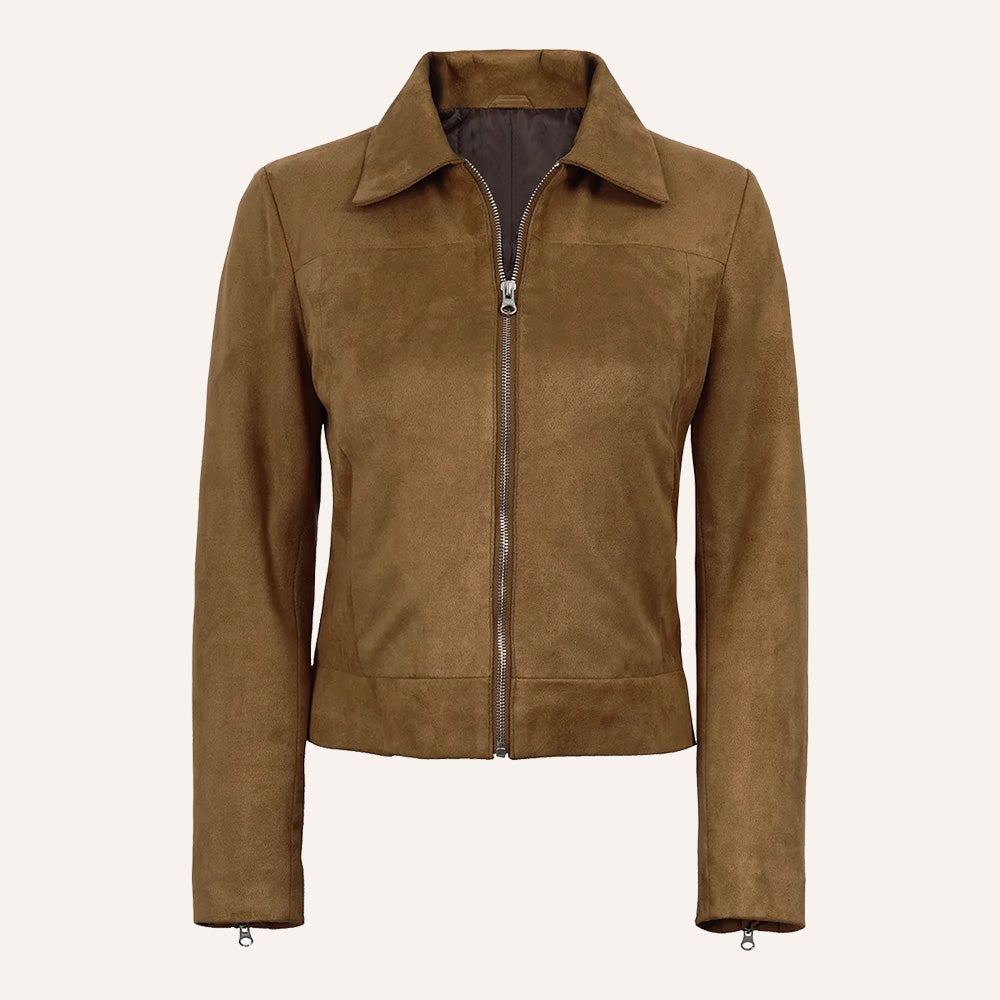 Women’s Classic Tan Brown Suede Zip Jacket with Zipper Cuffs