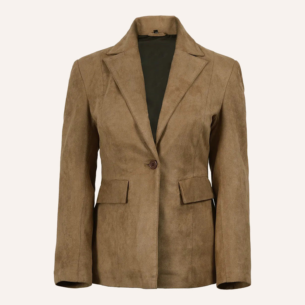 Women’s Classic Tan Real Suede Single Button Blazer Jacket