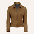 Women’s Classic Tan Real Suede Zip-Up Jacket with Snap Waist Tabs