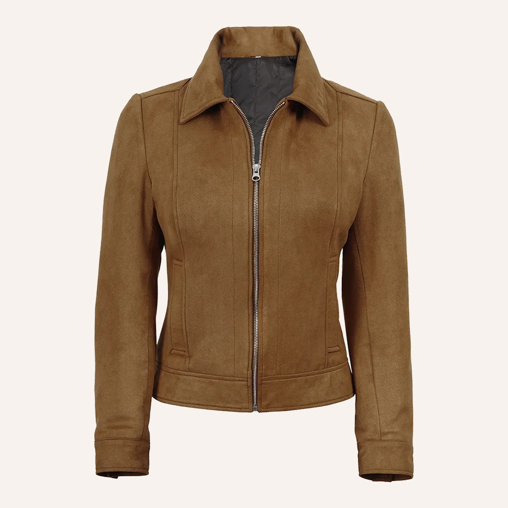 Women’s Classic Tan Real Suede Zip-Up Jacket with Snap Waist Tabs