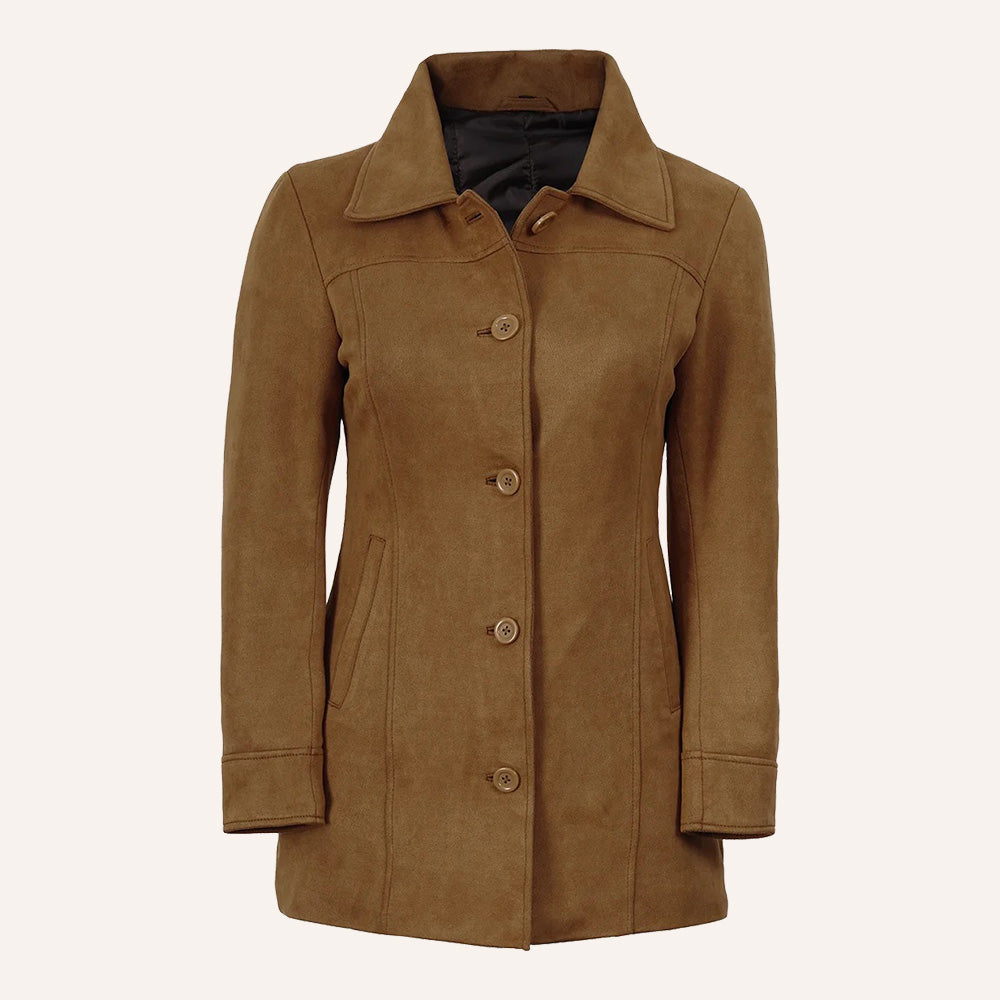 Women’s Classic Tobacco Brown Suede Leather Mid-Length Trench Coat