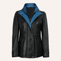 Women’s Classic Two-Tone Black and Royal Blue Real Leather Mid-Length Coat