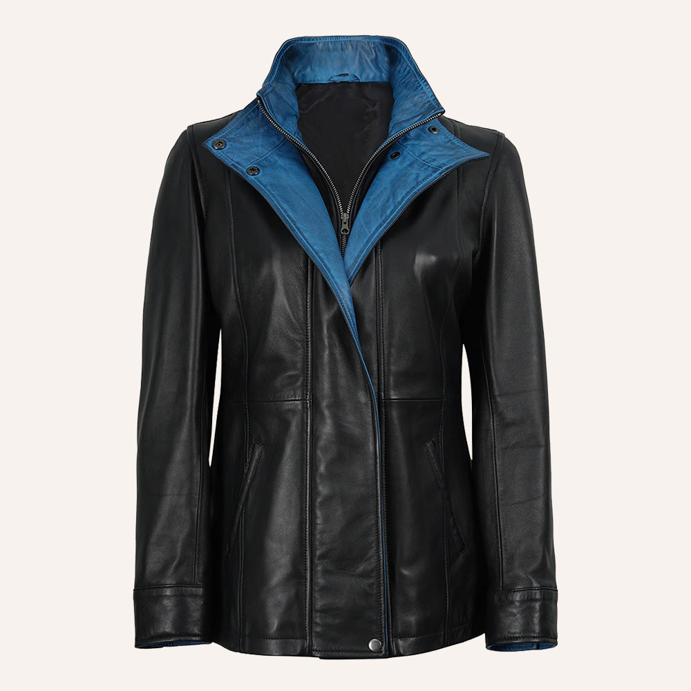Women’s Classic Two-Tone Black and Royal Blue Real Leather Mid-Length Coat