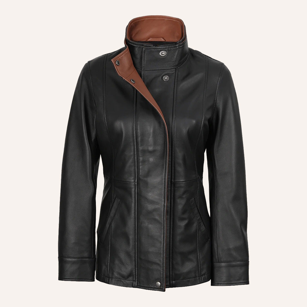 Women’s Classic Two-Tone Black and Tan Brown Real Leather Mid-Length Coat