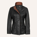 Women’s Classic Two-Tone Black and Tan Brown Real Leather Mid-Length Coat