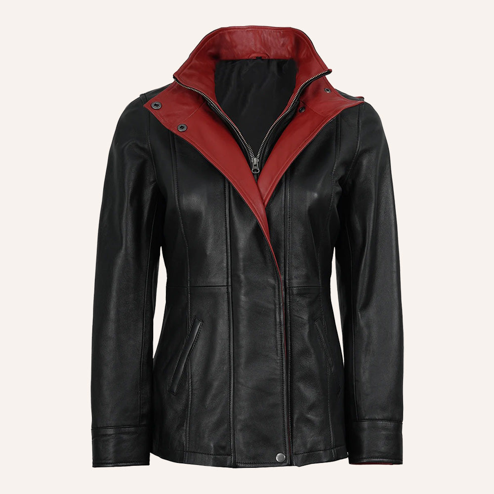 Women’s Classic Two-Tone Black and Crimson Red Real Leather Mid-Length Coat