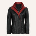 Women’s Classic Two-Tone Black and Crimson Red Real Leather Mid-Length Coat