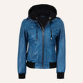 Women’s Classic Vibrant Blue Real Leather 2-in-1 Hooded Bomber Jacket with Removable Hood