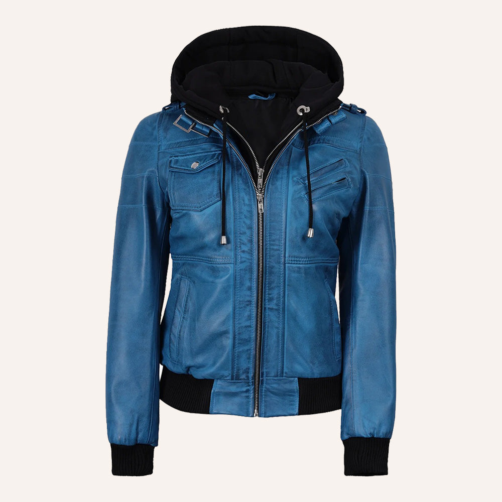 Women’s Classic Vibrant Blue Real Leather 2-in-1 Hooded Bomber Jacket with Removable Hood