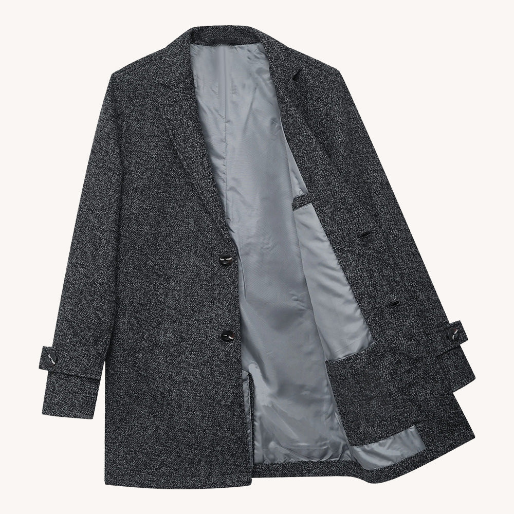 Men's Gray Tweed Overcoat with Notch Lapel and Tab Cuffs