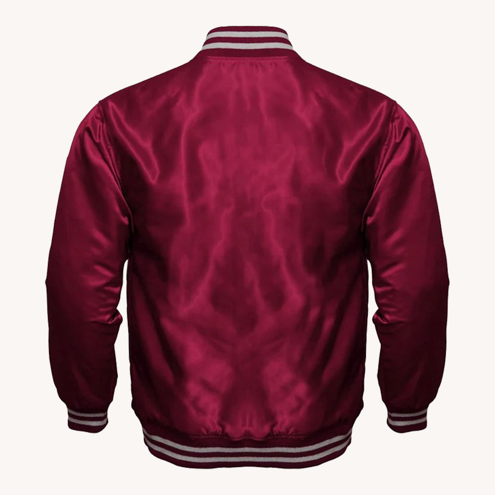 Men's Maroon Satin Varsity Jacket with Striped Ribbed Trim