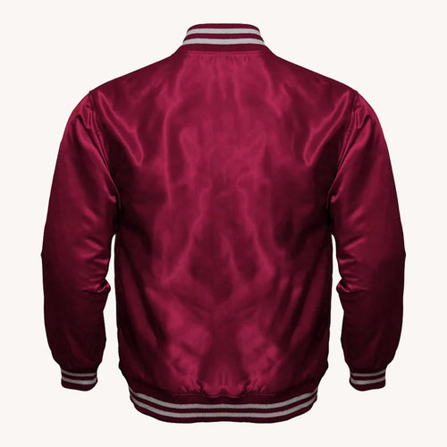 Men's Maroon Satin Varsity Jacket with Striped Ribbed Trim