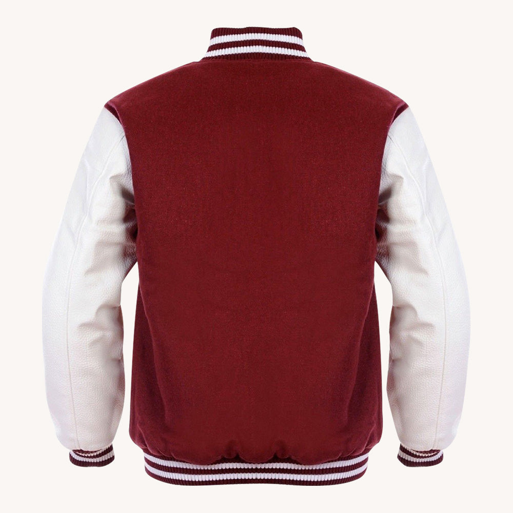 Men's Maroon Varsity Jacket with White Leather Sleeves and Snap Closure