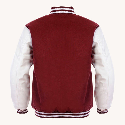 Men's Maroon Varsity Jacket with White Leather Sleeves and Snap Closure