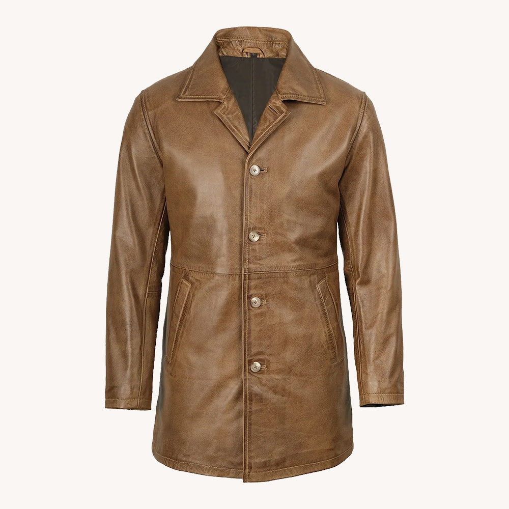 Men's Brown Distressed Leather Coat with Notched Collar and Button Closure