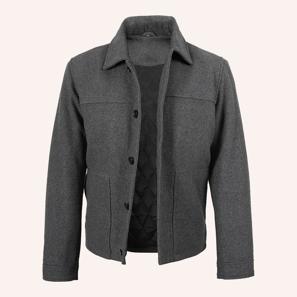 Men’s Classic Grey Wool Shirt Jacket with Quilted Lining