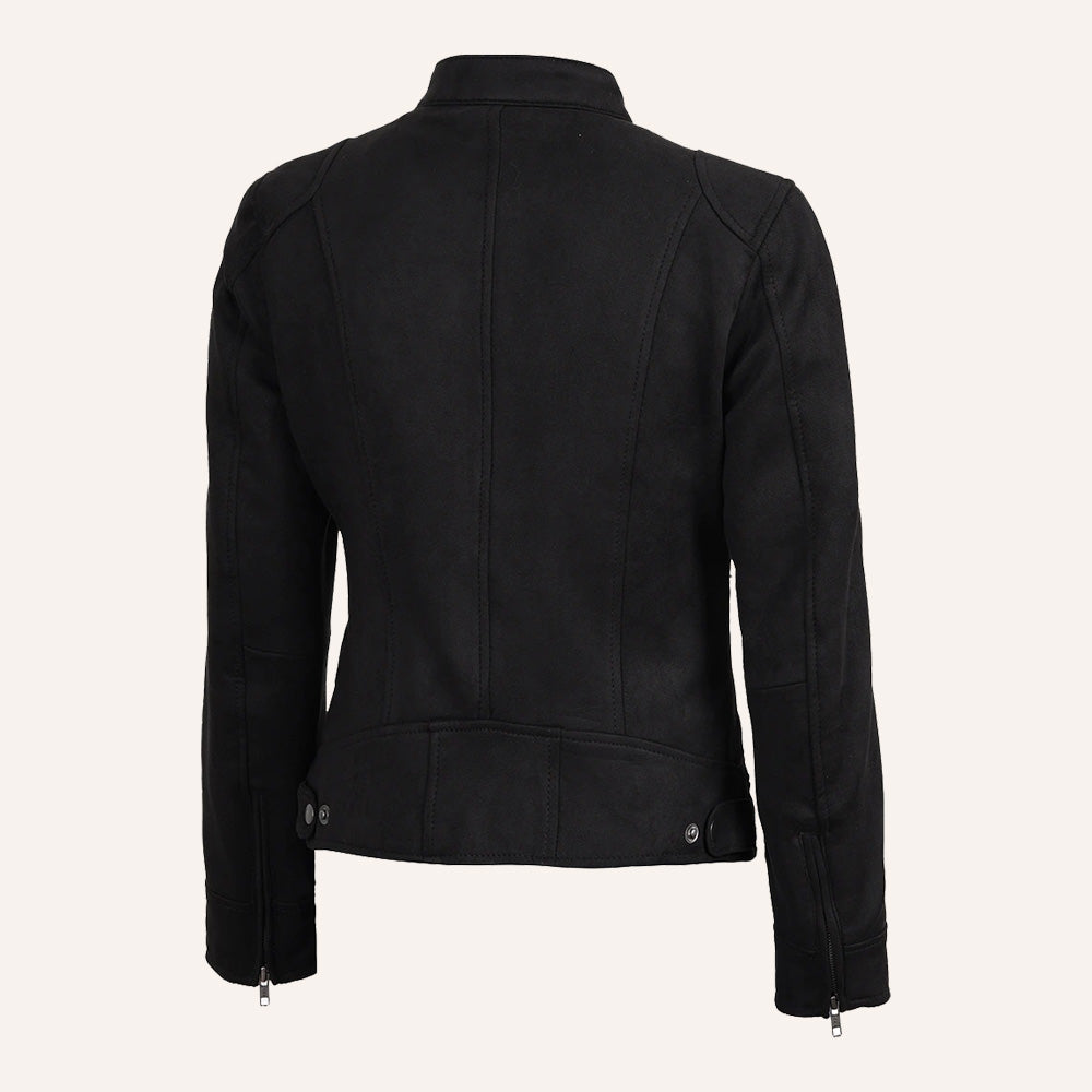 Women’s Classic Black Real Suede Cafe Racer Biker Jacket