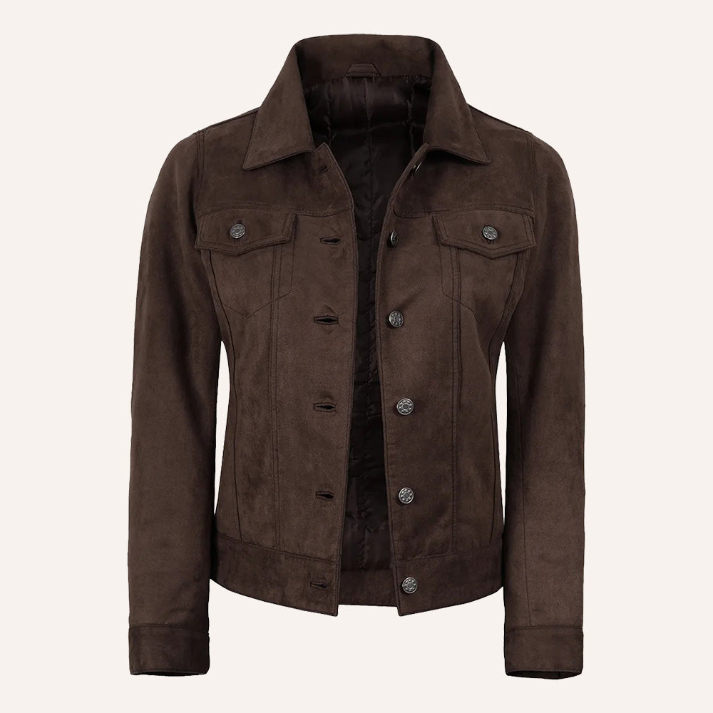 Women’s Vintage Dark Brown Suede Leather Trucker Jacket