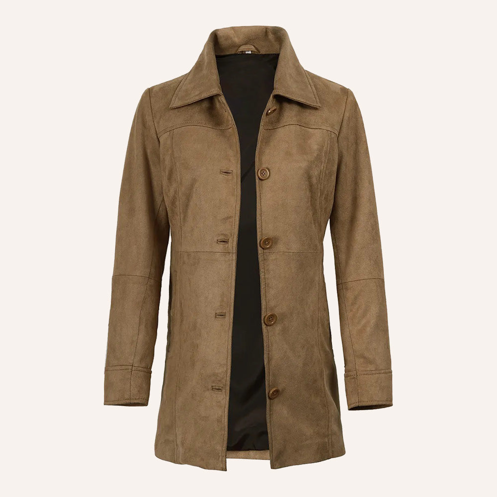 Women’s Classic Tan Suede Leather Mid-Length Trench Coat
