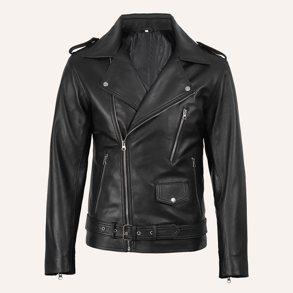 Men's Black Leather Biker Jacket with Belted Waist