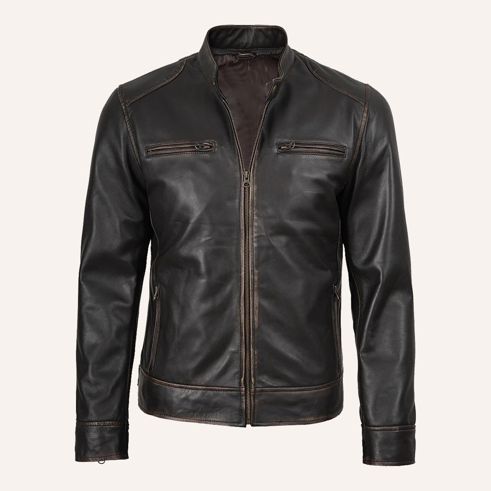 Men's Black Leather Cafe Racer Jacket with Distressed Finish