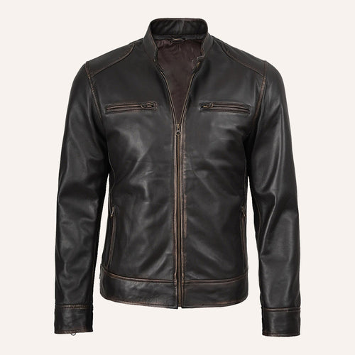 Men's Black Leather Cafe Racer Jacket with Distressed Finish