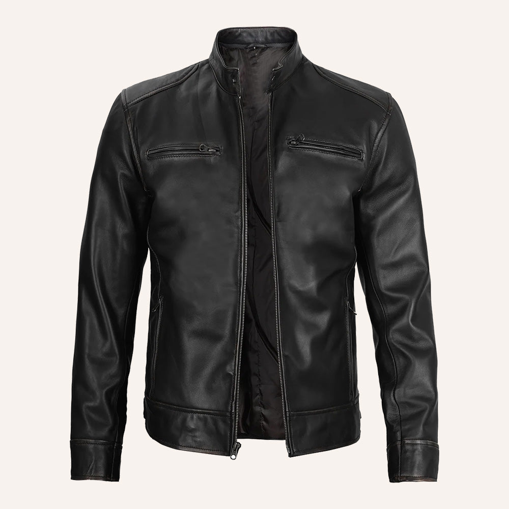 Men's Distressed Black Leather Cafe Racer Jacket